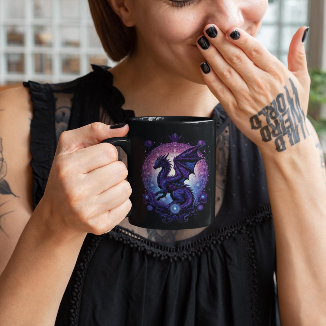 Fantasy Dragon Coffee Mug Intricate Purple Ceramic Cup Mythical ...