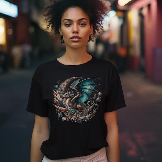 Dark Boho Dragon T-Shirt Fantasy Steampunk Magical Creature Gift Turquoise Mystical Moon Eclectic T Shirt Unisex Jersey Short Sleeve Tee