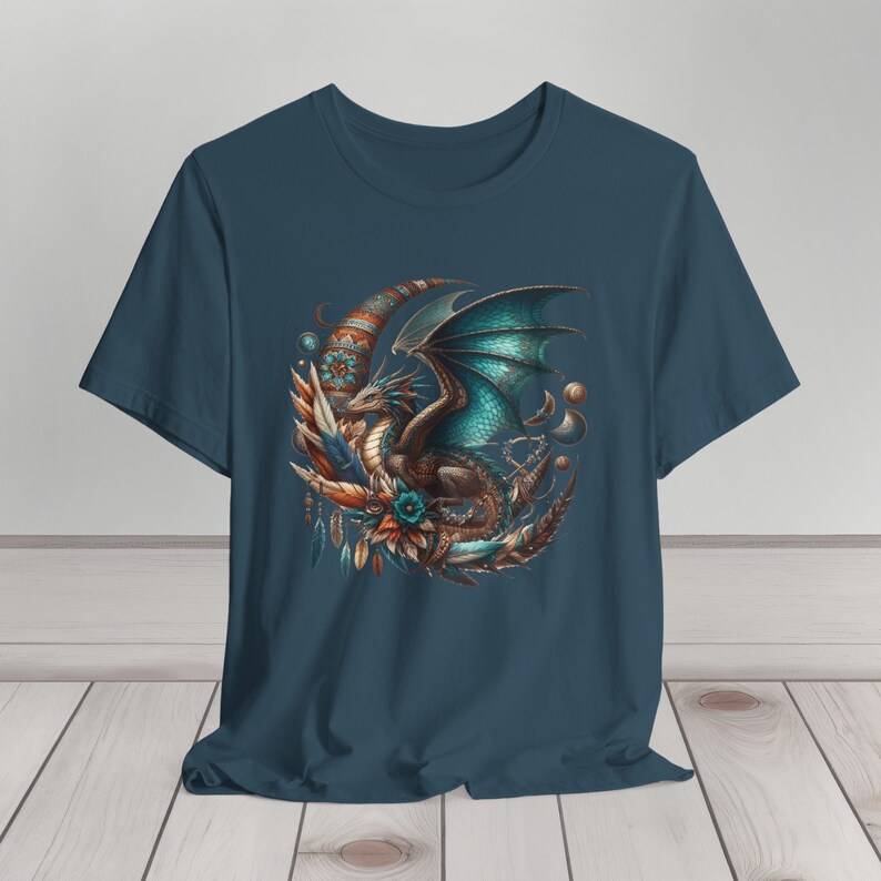Dark Boho Dragon T-Shirt Fantasy Steampunk Magical Creature Gift Turquoise Mystical Moon Eclectic T Shirt Unisex Jersey Short Sleeve Tee Deep Teal