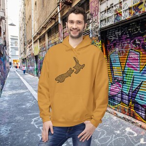 New Zealand Map Maori Tattoo Hoodie Cool Aotearoa Gift Jacket NZ Top Kiwi Birthday Pullover Unisex Midweight Softstyle Fleece Hoodie Mustard
