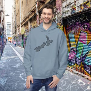 New Zealand Map Maori Tattoo Hoodie Cool Aotearoa Gift Jacket NZ Top Kiwi Birthday Pullover Unisex Midweight Softstyle Fleece Hoodie Stone Blue