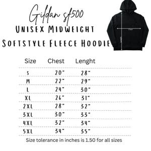 May include: Size chart for a Gildan sf500 unisex midweight softstyle fleece hoodie. The chart shows sizes from S to 5XL with corresponding chest and length measurements in inches.
