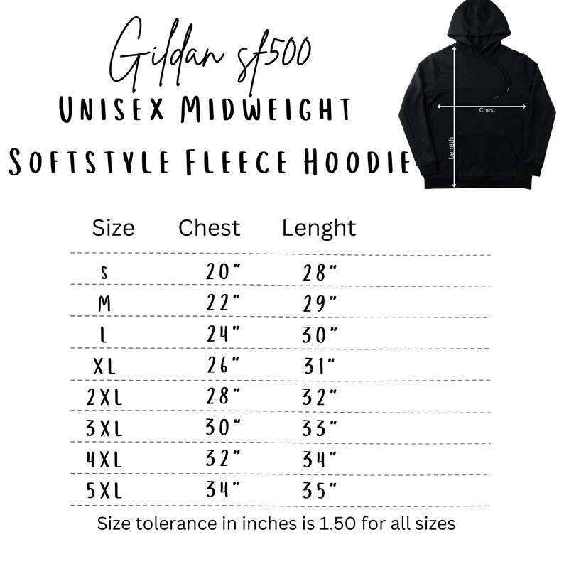 May include: Size chart for a Gildan sf500 unisex midweight softstyle fleece hoodie. The chart shows sizes from S to 5XL with corresponding chest and length measurements in inches.