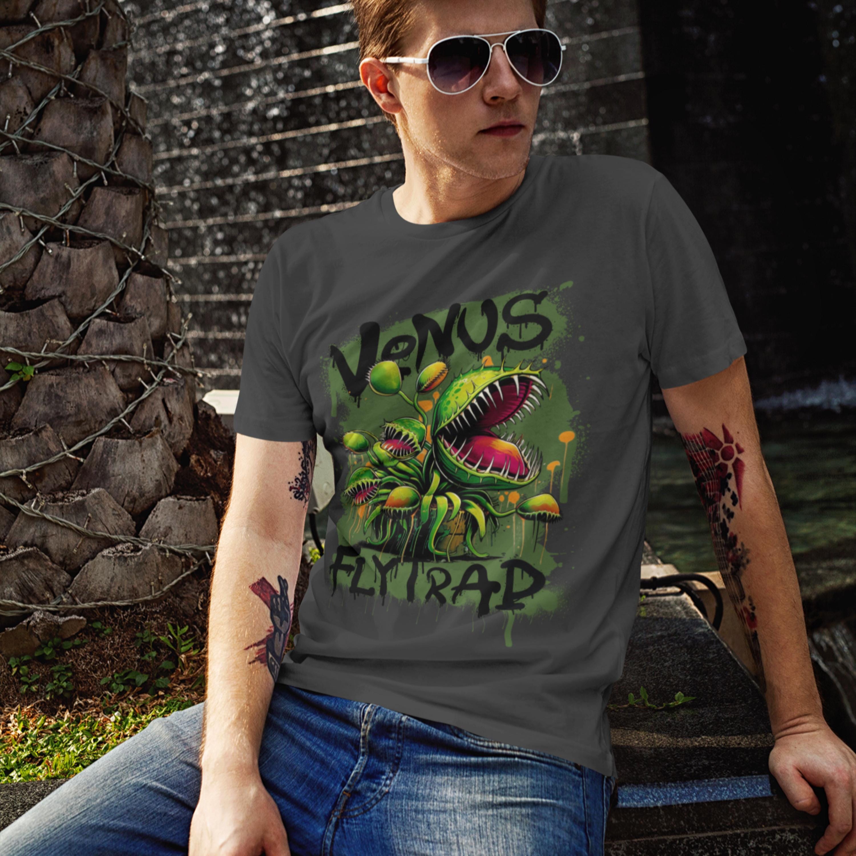【CPGN STUDIO】Venus Flytrap Pigment Short Sleeve T-shirt Graffiti Venus Fly Trap T- Shirt Botanical Art Grunge Style