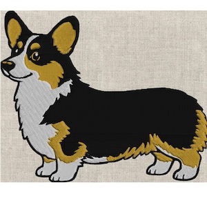Puede incluir: Imagen bordada de un perro Corgi en posición de pie. El perro tiene un cuerpo negro, pecho y patas blancos, y orejas y detalles color canela. El fondo es de tela beige claro.