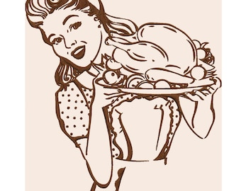 Retro 50s Housewife with Turkey Thanksgiving Embroidery DESIGN FILE Instant download - Vp3 Exp Dst Hus Jef Pes 2 sizes 1 color