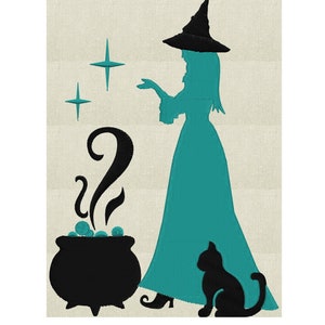 Mystical Witch w Cauldren and Cat Embroidery Design Holiday Embroidery DESIGN FILE Instant download Vp3 Exp Dst Hus Jef Pes 2 sizes & colors
