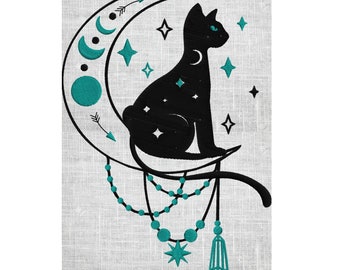 Mystical Cat w Moon Stars Embroidery Design Holiday Embroidery DESIGN FILE Instant download Vp3 Exp Dst Hus Jef Pes 2 sizes & colors