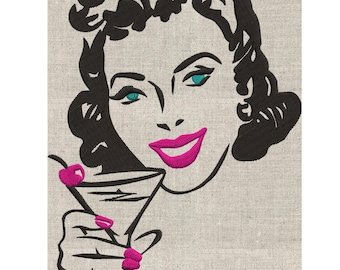 Retro 50s Housewife with martini cherry drink Embroidery DESIGN FILE Instant download - Vp3 Exp Dst Hus Jef Pes 2 sizes 3 color