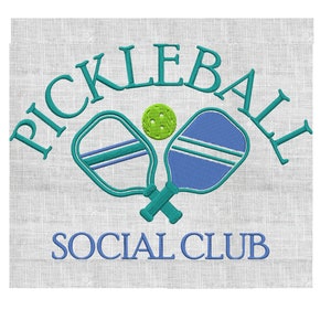 May include: A teal and blue pickleball paddle set with a green pickleball, with the text "Pickleball Social Club" in teal.