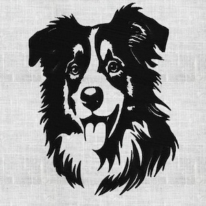 Könnte beinhalten: Schwarz-weiße Silhouette eines Border Collie Hundes mit einem glücklichen Ausdruck. Das Fell des Hundes ist mit einer flauschigen Textur detailliert.