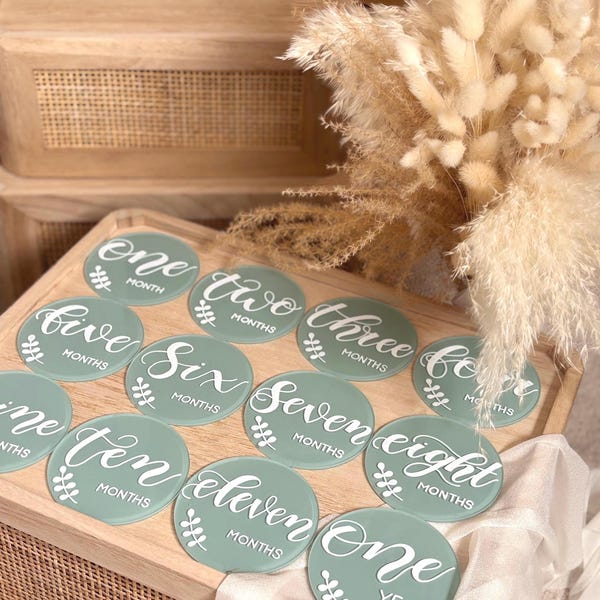 Handwritten Acrylic Baby Milestone Discs: Sage Green, Set of 13