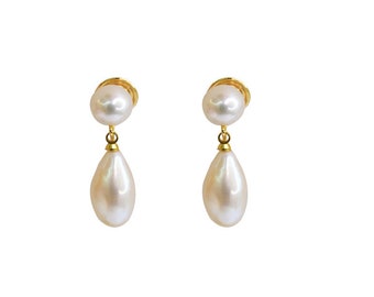 Natural Double Pearl Sterling Silver Dangle Drop Earrings, S925 Droplet Real Freshwater Pearl Stud Earrings, Wedding Bride Jewellery Gift