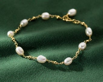 Pulsera de plata de ley con perlas naturales de agua dulce, pulsera de cuentas de perlas reales delicadas chapadas en oro, regalo de la madre para ella, joyería de la novia de la boda