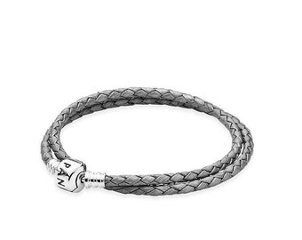 grey double wrap leather bracelet 38cm + pouch sterling silver