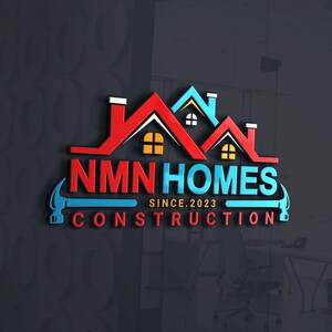 May include: A 3D logo for NMN Homes Construction, featuring a red and blue house design with the text "NMN HOMES SINCE.2023 CONSTRUCTION". The logo includes a hammer graphic and is set against a dark gray background.