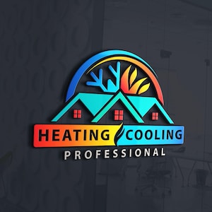 Könnte beinhalten: Ein 3D-Logo für einen Heizungs- und Kühlungsprofi. Das Logo zeigt ein Haus mit blauem Dach, roten Fenstern und einem stilisierten Sonnen- und Schneeflocken-Design. Der Text "HEATING COOLING PROFESSIONAL" wird darunter in einem Farbverlauf angezeigt.