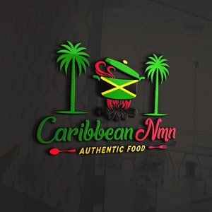 May include: A 3D logo for a Caribbean restaurant, featuring a cooking pot with the Jamaican flag, palm trees, and the text "Caribbean Nmn AUTHENTIC FOOD" in green and red. The logo is set against a dark gray background.