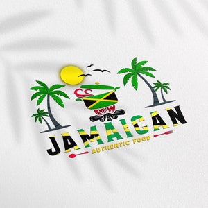 May include: A logo for Jamaican Authentic Food, featuring a cooking pot with the Jamaican flag design over a fire, palm trees, a yellow sun, and the text "Jamaican Authentic Food".