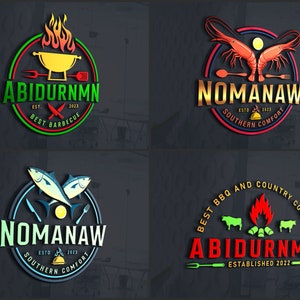 May include: Four colourful logos for barbecue and Southern comfort food businesses. Each logo is circular, featuring text like "ABIDURNMN" and "NOMANAW", along with images of a grill, shrimp, fish, and cows. The logos have a 3D effect.