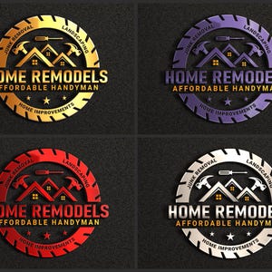 May include: Four circular logos for home remodeling services. Each logo features a house icon with tools and text: "Home Remodels, Affordable Handyman, Home Improvements." The logos are in gold, purple, red, and silver.