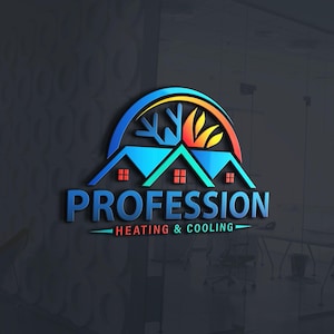 以下が含まれることがあります： 暖房と冷房事業の3Dロゴ。ロゴは、青い屋根、オレンジ色の窓、青色の「PROFESSION」という単語が付いた様式化された家を特徴としています。家の上の青とオレンジのアーチには、雪片と炎のデザインがあります。