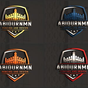 Op de afbeelding: Vier logo-ontwerpen voor "ABIDURNMN Fencing and Design". Elk logo heeft een schildvorm met een gestileerde hekafbeelding en de bedrijfsnaam. De kleurenschema's omvatten goud, blauw, oranje en rood.