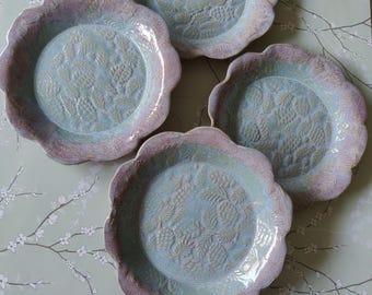 Set of 4 round scalloped dessert plates. Hand made ceramic textured glazed plates.