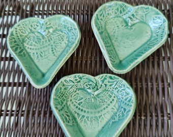Set of 3 small heart shaped stackable ceramic green glazed trinket dishes