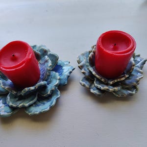 Keramik Teelichthalter Set von 2- Eine Große & eine Kleinere Blaue Glasur