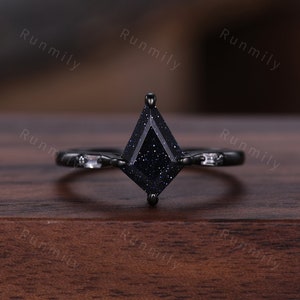 Kite cut blue sandstone engagement ring black gold diamond wedding ring unique art deco galaxy sandstone ring promise anniversary gift