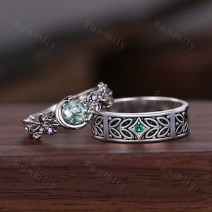 Nature inspired Moss Agate couples ring sterling silver matching ring set His and Her wedding band Mens emerald ring Anniversary rings