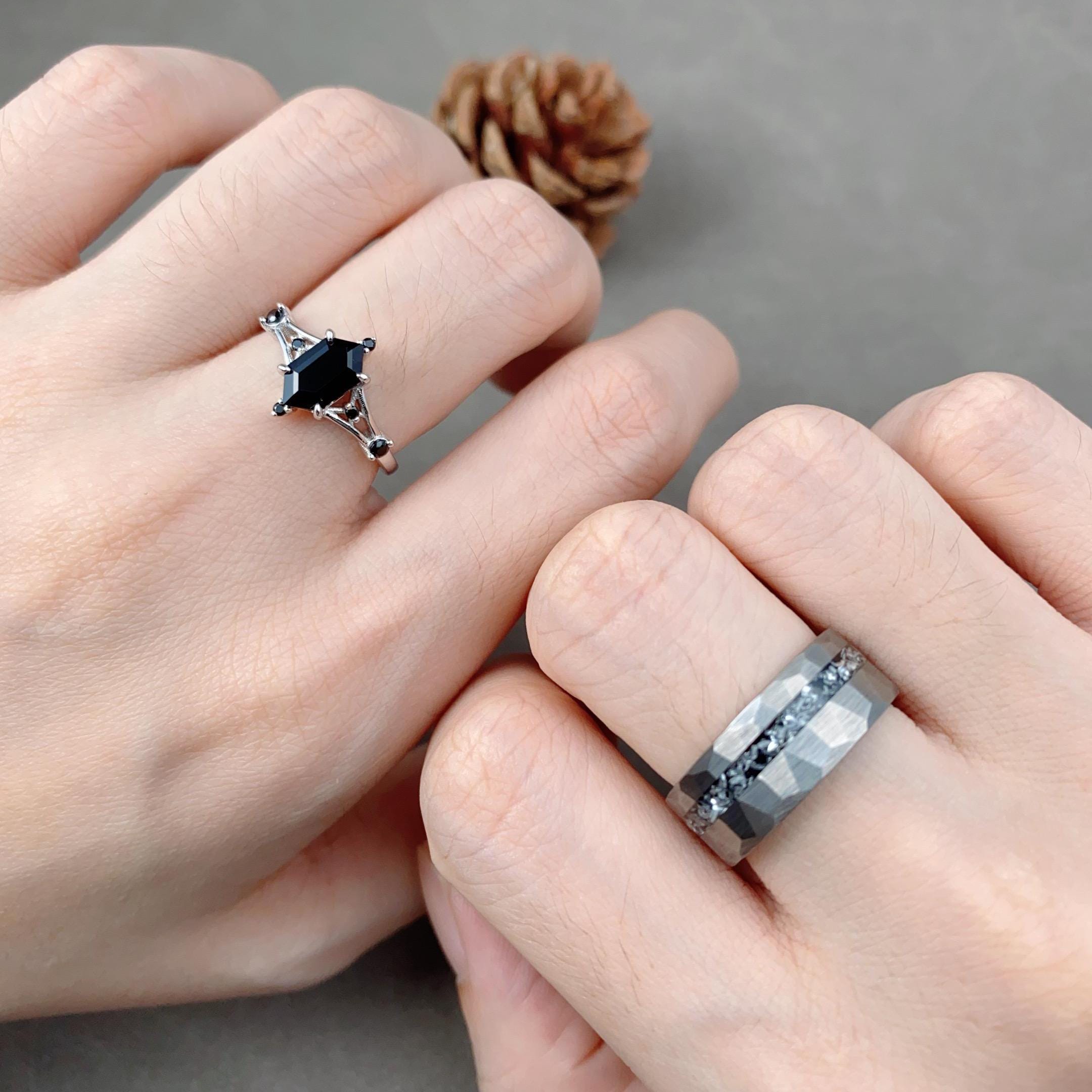Hexagon Cut Black Onyx Couples Ring Silver Matching Ring Set