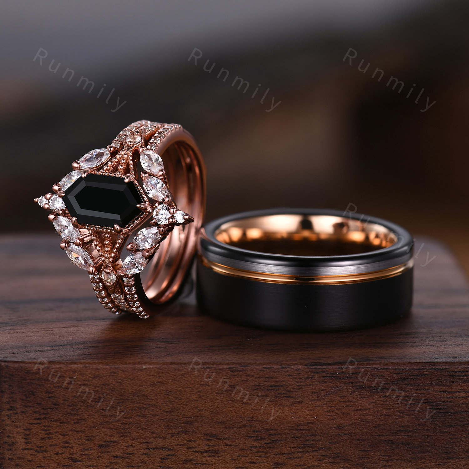 Black Onyx Couples Ring Set Vintage Double Curved Diamond