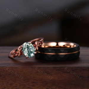 Rose gold couples ring set oval cut moss agate engagement ring vintage matching promise ring Mens black tungsten ring anniversary rings
