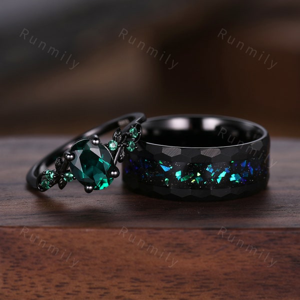 Oval cut emerald couples ring set black gold matching promise ring His and Her wedding band Mens hammered tungsten ring anniversary gifts