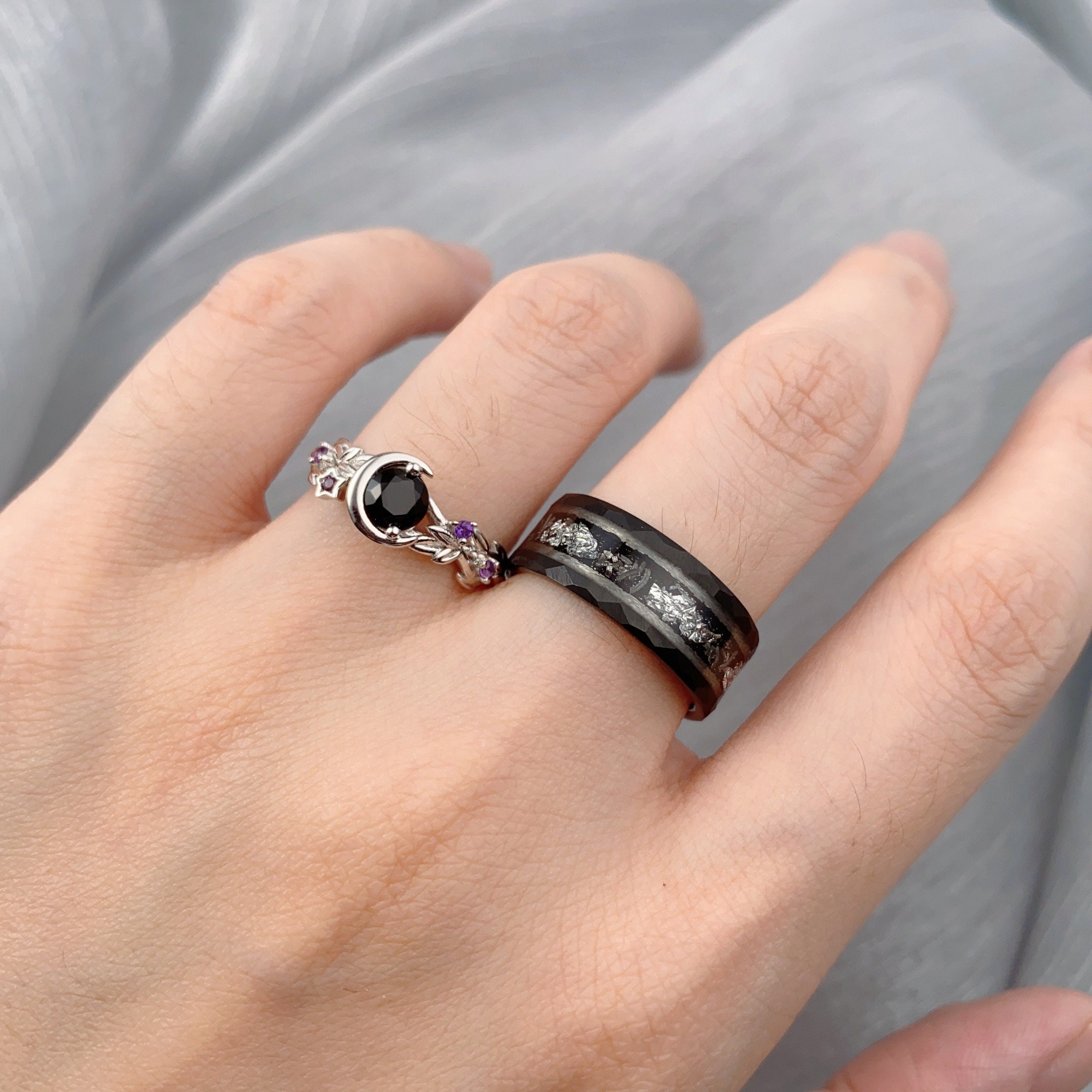 Round Cut Black Onyx Couples Ring Set Silver Unique Moon Round Cut Black Onyx Couples Ring Set Silver Unique Moon