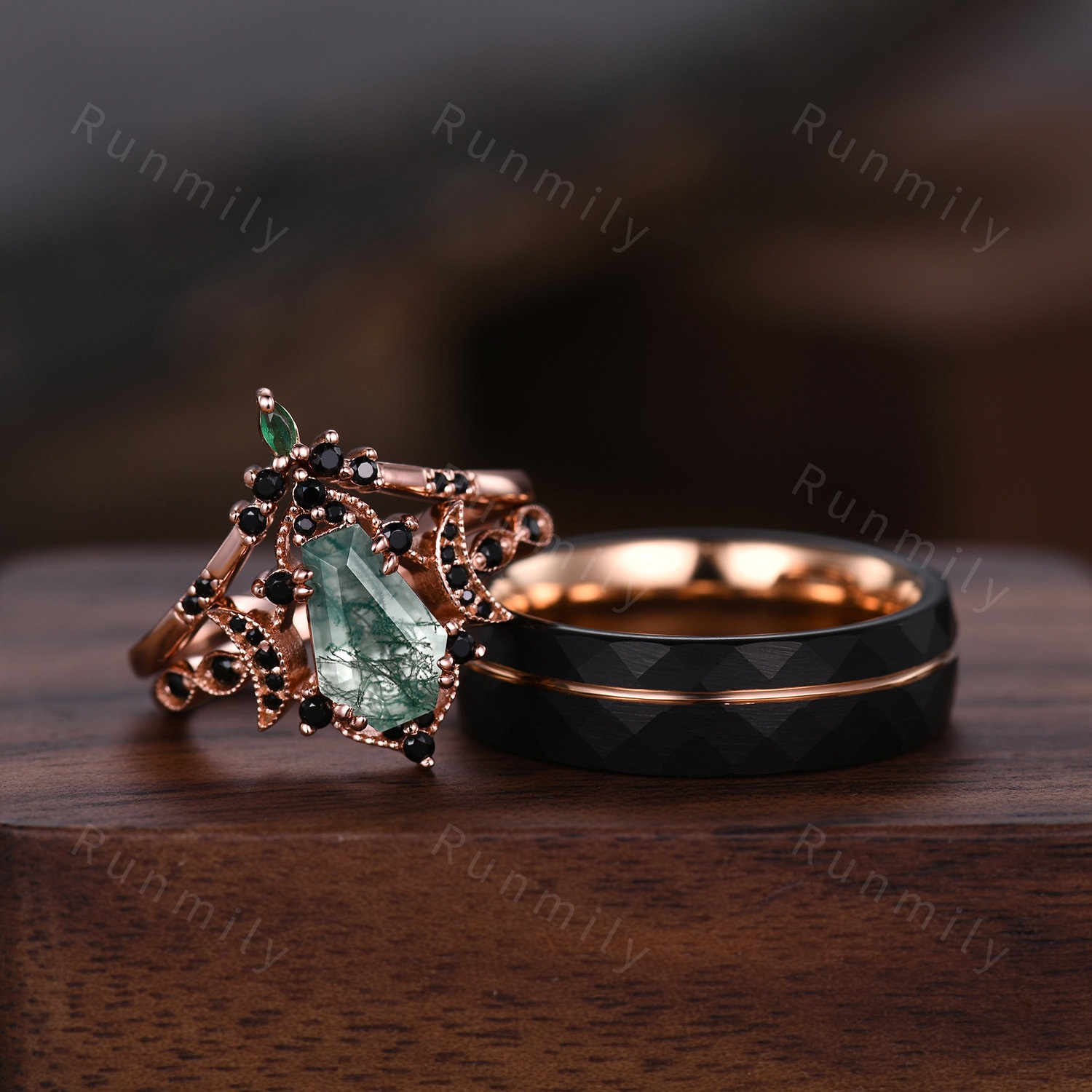 Vintage Coffin cut Moss Agate Couples Ring Rose Gold Matching Ring Set His and Hers Wedding Band Promise Ring For Men For Women Black Ring