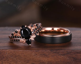 Black Onyx Couples Ring Vintage Rose Gold Matching Ring Set His and Hers Wedding Band Black Gemstone Promise Ring For Men For Women Gift