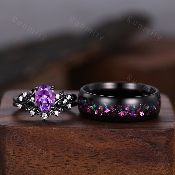 Oval Cut Amethyst Couples Ring Set His and Her Wedding Band Black Gold Matching Nature Inspired Promise Ring For Couples February Birthstone