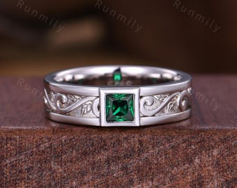 Men&#39;s Emerald Wedding Band White Gold Princess Cut Wedding Ring Emerald Engagement Ring Vintage Wave Leaf Ring Mens Stacking Ring His Ring