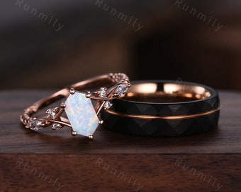 Vintage White Opal Couples Ring Rose Gold Matching Ring Set His and Hers Wedding Band Promise Ring For Men For Women October Birthstone Ring