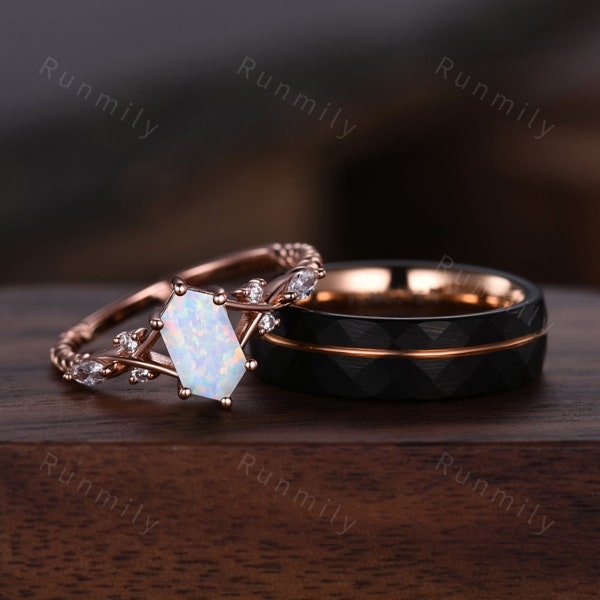 Vintage White Opal Couples Ring Rose Gold Matching Ring Set His and Hers Wedding Band Promise Ring For Men For Women October Birthstone Ring