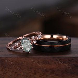 Vintage Green Moss Agate Couples Ring Rose Gold Matching Ring Set His and Hers Wedding Band Promise Ring For Men For Women Natural Agate Gem