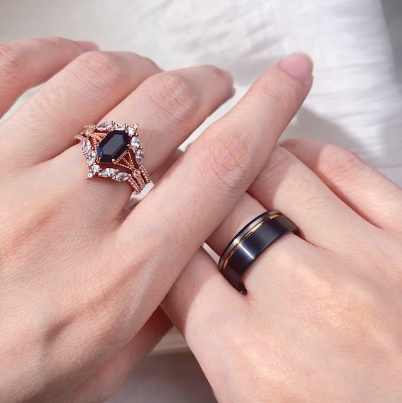Black Onyx Couples Ring Set Vintage Double Curved Diamond