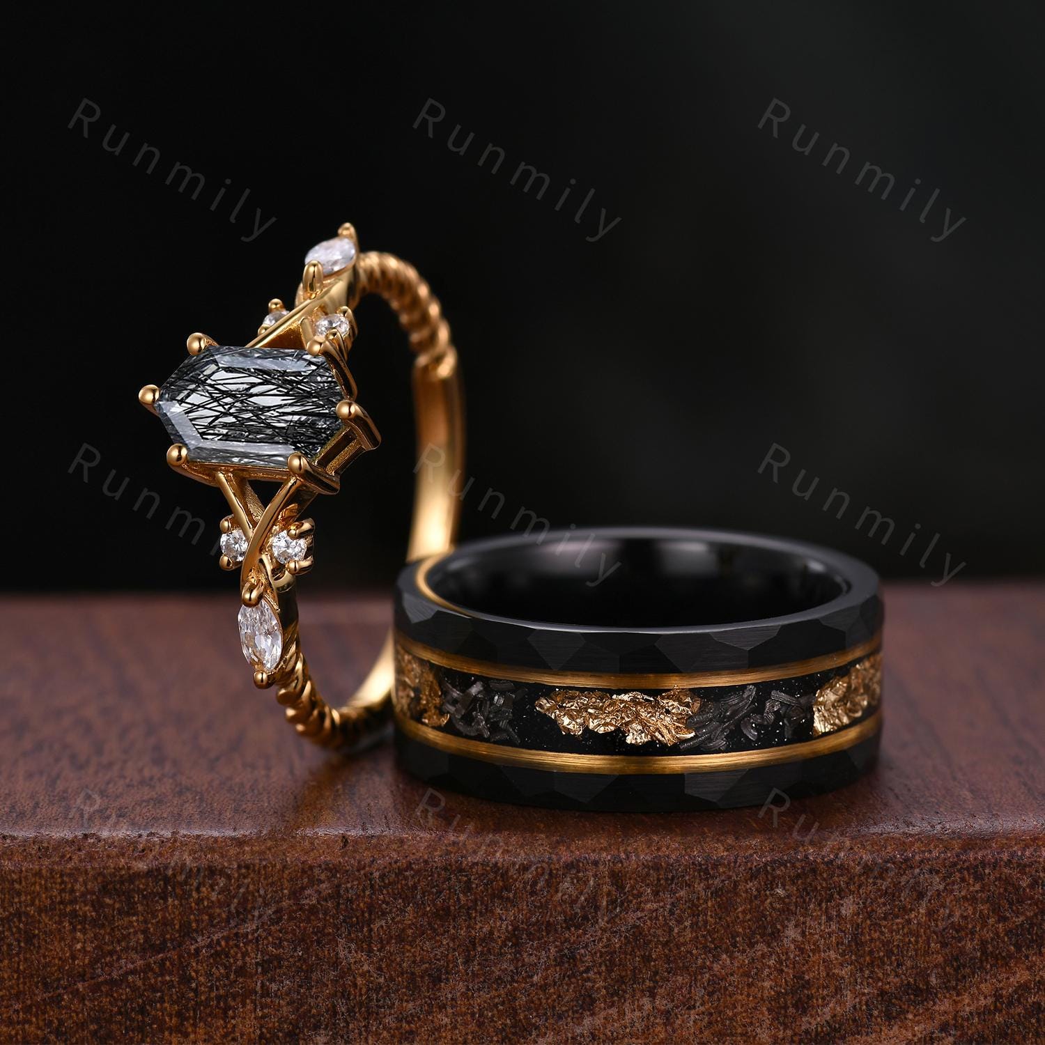 Ensemble de bagues pour couple en quartz rutilé noir or jaune assorti alliance pour lui et pour elle, bague feuille d'or météorite pour homme, pierre précieuse noire naturelle