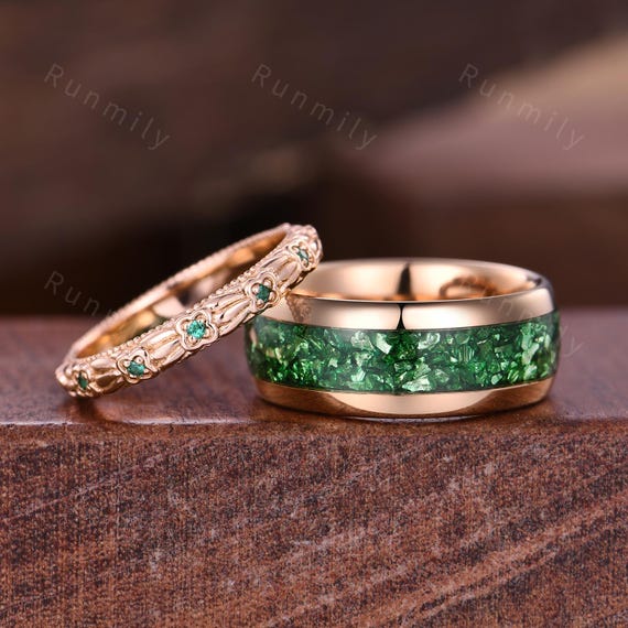 Rose Gold Emerald Couples Band His and Hers Matching Ring Set
