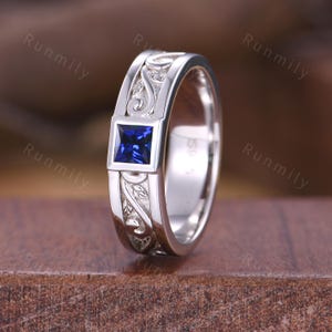 Men&#39;s Blue Sapphire Wedding Band White Gold Princess Cut Ring His Engagement Ring Vintage Wave Leaf Ring Mens Stacking Ring Gift For Husband