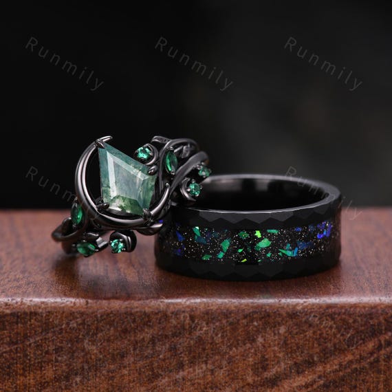 Nature Inspired Moss Agate Couples Ring Set Gothic Black