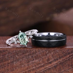 Vintage Moss Agate Couples Ring White Gold Matching Ring Set His and Her Wedding Band Promise Rings For Men For Women Natural Moss Agate